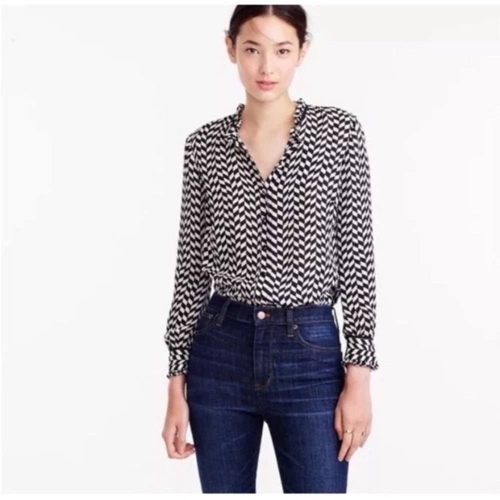 J. Crew Geometric Houndstooth Silk Long Sleeve Button Front Blouse Size 12